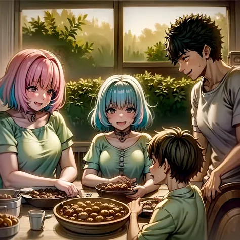 riamu yumemi,guts,couple,husband and wife,riamu motherly,house wife,cooking,mother and son,children,family,happy,(best quality,4k,8k,highres,masterpiece:1.2),ultra-detailed,(photo1.37),joyful,loving,embrace,adorable,cheerful,blissful,togetherness,warmth,sm...