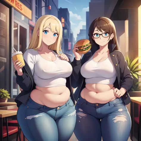 ((highres)), Masterpiece, high quality, best quality, beautiful, perfect lighting, detailed face, ultra cute face, ((2girls)), one girl has blonde hair, blue eyes, crop top and shorts skindentation, one girl has brown hair, green eyes, jeans, white shirt, ...