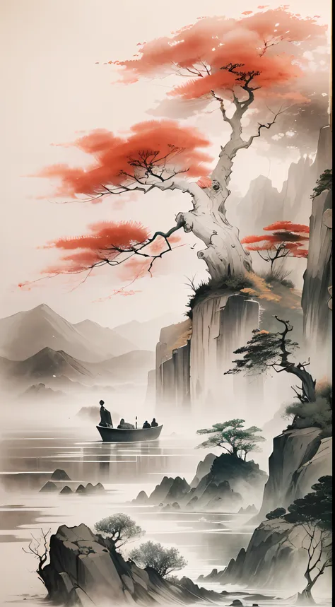 ink and watercolor painting，Draw on rice paper，Use thick and light ink to create light and dark variations and layers，Pick the right ink color，Such as deep black、Thick gray、Light coffee, etc，to express different situations and atmospheres，Control the gradi...