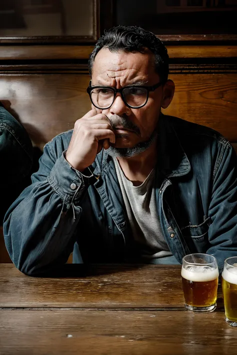 guttonerdvision10, "Create an old-fashioned photograph-style image of a man wearing glasses, looking ((sad and discontent)), with tears in his eyes, sitting alone at an English pub counter, holding a beer. Achieve a vintage look with a ((worn and cracked b...