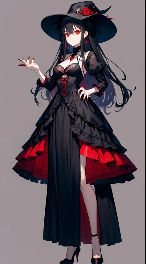 Black crystal shoes，Expressionless，full body,D cup, red Victorian style dress, red gothic hat, blood red eyes, blood tears, gray long hair, bandage on the right hand, a skull ring on the ring finger of the left hand, blank background, simple background