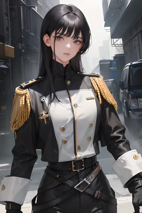 (highest resolution, distinct_image) Best quality, one woman, masterpiece, highly detailed, semi realistic, short black hair, black hair, gray eyes, bangs, 21 years old, shoulder length hair, mature, young, black clothing , black uniform, military uniform,...