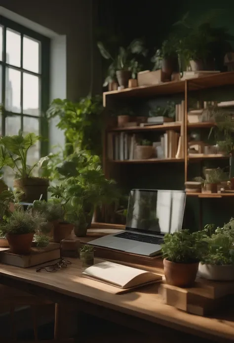 a table of an artist with plants, books, papers, laptop, shelf, and drawers, overlooking a green urban setting. (best quality, 4k, highres, photorealistic:1.2), ultra-detailed, portraits, realistic colors, natural lighting, bokeh