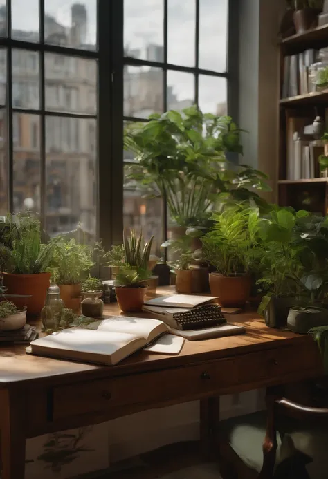 a table of an artist with plants, books, papers, laptop, shelf, and drawers, overlooking a green urban setting. (best quality, 4k, highres, photorealistic:1.2), ultra-detailed, portraits, realistic colors, natural lighting, bokeh