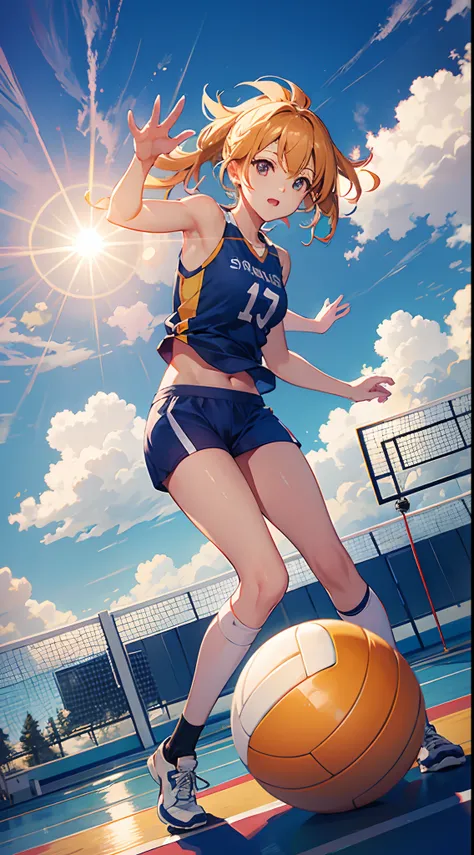 Sunny noon sky, clouds, sun, bright sunlight, students are playing volleyball, best graphics, 8k, ultrasharp, masterpiece