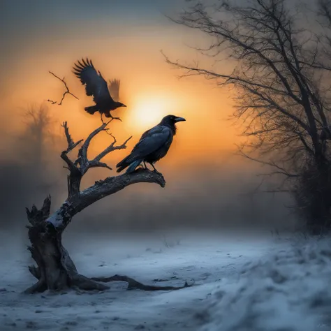 Two crows on a dead tree, A shadow shaped like a walker, Starry night, Thick fog on the ground, Blue light on the horizon, Unreal Engine 5, Cinematic, low angle photography, Motion blur, Depth of field, Dust, Cobblestones and dirt. Splash Art, dripping pai...