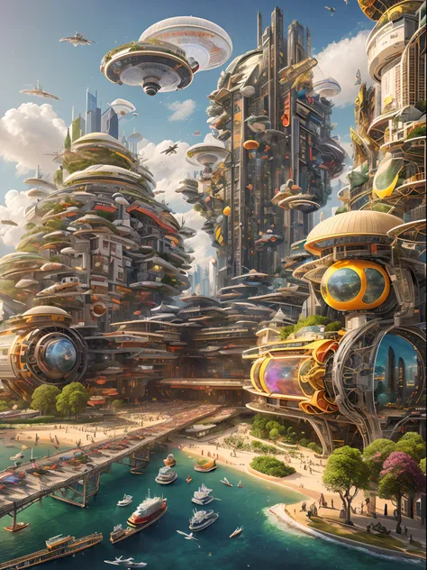 Built in（beachside）And a high-tech city towering into the clouds，Cidade futuristica， fanciful， 24th century，A fantasy world，Robots are everywhere，（gotik+Romanesque+Chinese Various types of architecture），the ai， laser，There are a lot of ladybug-like spacesh...