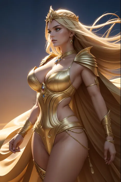 ( dunas do deserto ) Lindsey Vonn as a MYTHOLOGICAL DIVA in a golden armor, golden armlets, braceletes dourados largos, coxas expostas, right arm pointing upwards, head looking up, , athletic curvy body, looking-into-camera, Side view, Musculatura suavemen...