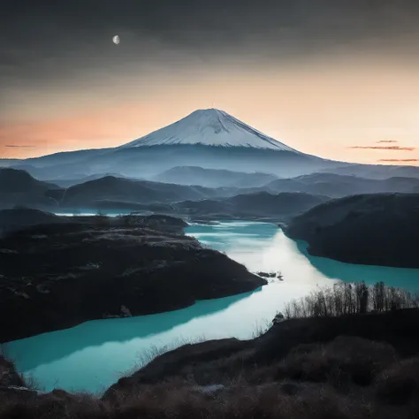 Magnificent view，Forest mountain landscape photography，Nature，It just rained，Bushes in the moonlight，Turquoise blue water，Boulders of various shapes，Alpine cliffs，1 white Phalaenopsis orchid，Minimalist cyan black and white gray tones，foggy sky，Nightmare vi...