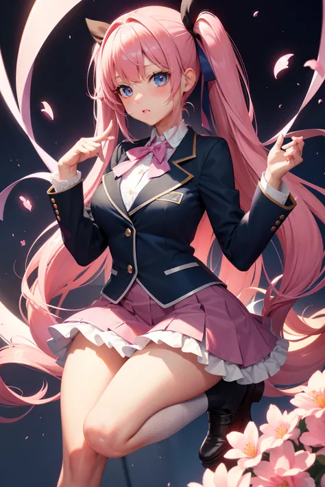 High school girl with beautiful eyes、High School Uniform、Dark blue blazer、Pink skirt、Pink ribbon、Heart-shaped choker、long hair with pink twin tails,,,,,、Schools、独奏、gazing at viewer、rainbows、optic、。.。.。.。.。.。.3D、hight resolution、top-quality、full body Esbian...