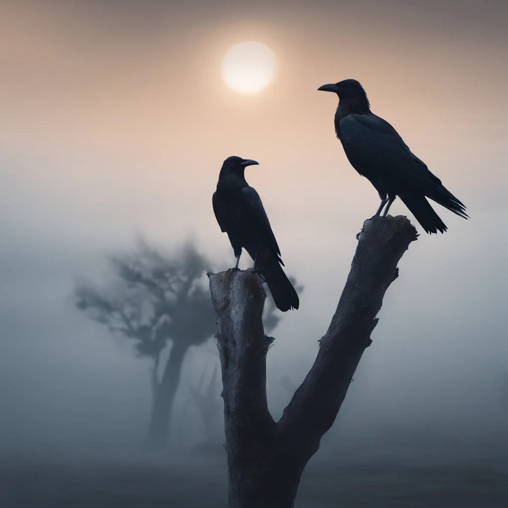 Two crows on a dead tree, A shadow shaped like a walker, Starry night, Thick fog on the ground, Blue light on the horizon, Unreal Engine 5, Cinematic, low angle photography, Motion blur, Depth of field, Dust, Cobblestones and dirt. Splash Art, dripping pai...