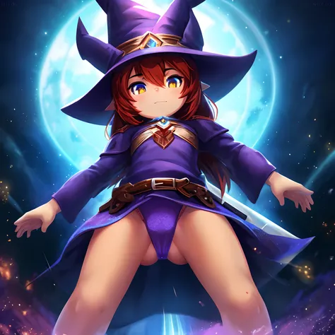 (very detailed 8k wallpaper), medium shot of a loli necromancer, particle lighting, high detail, dramatic, gatling gun in hand, clean background, with wizard hat on, background top weapon removed, cameltoe