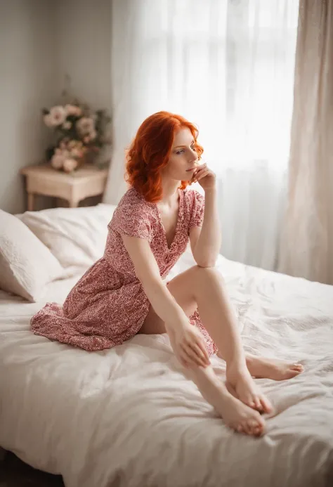 There is a woman sitting on bed wearing pink floral pajamas, Red-haired girl, Beautiful redhead woman, Red-haired woman, Young redhead girl, short bright red hair, red hair and attractive features, Anna Nikonova aka Newmilky, Red-haired girl, redhair, Beau...