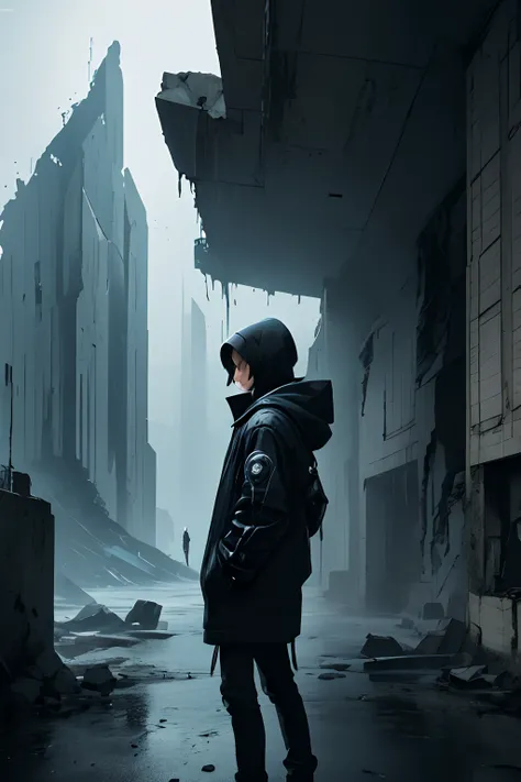 Describe a young boy with jet-black hair, piercing blue eyes, and a long hooded coat, side angle close shot, standing amidst the eerie, sci-fi ruins of a long-forgotten city. The city is filled with blocks that seem to flow like liquid, creating a surreal ...