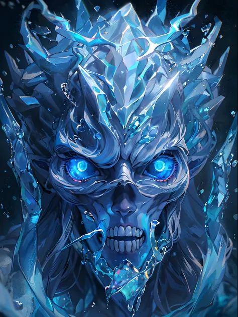 ((Best quality, 8K, Masterpiece: 1.4)),((Amazing detail: 1.3)),((illustration: 1.2)),((high resolution: 1.1)),Eldritch,ice element, Ice demon, Ice Devil, Glowing ice element,Ice body,astral,Viscous liquid,Colorful, vapor, Perfect hand,Murderous face,full b...