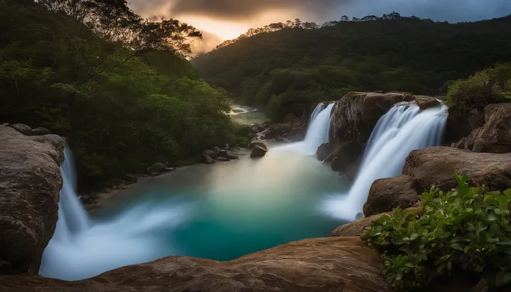 Magnificent view，Fotografia da paisagem da montanha da floresta，Natureza，It just rained，Arbustos ao luar，turquoise blue water，Boulders of various shapes，Alpine cliffs，1 white Phalaenopsis orchid，Tons minimalistas de preto e branco ciano，foggy sky，nightmare...