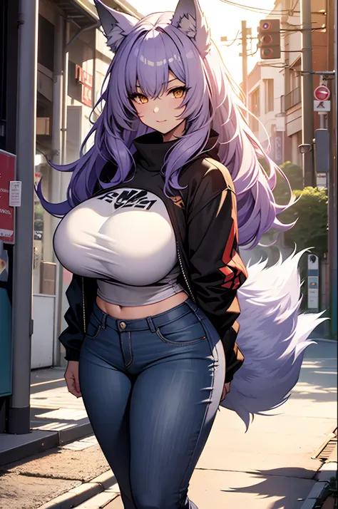 one woman, wolf girl, wolf ears, wolf tail, violet hair, strong, firm body, thick thighs, big breasts, muscular arms, casual clothes, sfw, sexy, full body, masterpiece, highly detailed,