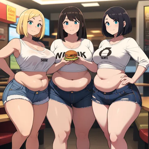 ((highres)), Masterpiece, high quality, best quality, beautiful, perfect lighting, detailed face, ultra cute face, ((3girls)), one girl has blonde hair, blue eyes, crop top and shorts skindentation, one girl has brown hair, green eyes, jeans, white shirt, ...