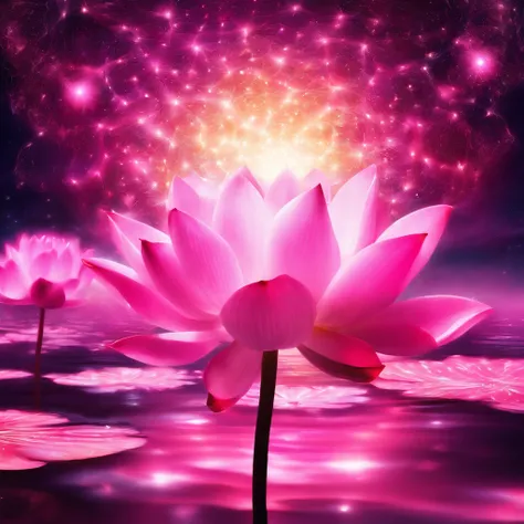 white colors, in pink, lotus flower, One, On the surface of the water, artistic conception, Light shines straight down from above, partially underwater shot, Romanticism, Op art, sparkle, god rays, ray tracing