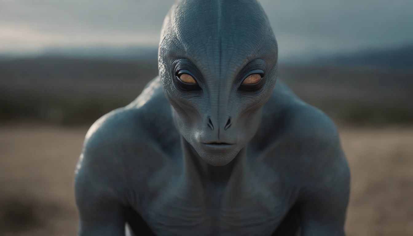 Ethereal alien creature with bluish-gray skin，中景 the scene is，Retrato primer plano, reflejo en los ojos del paisaje opuesto, VFX surrealista altamente detallado 16K，OC renderizado，Disparo con 70 mm - AR 16:9 --q 2 --s 1000. Cinnamatographic lighting, en el...