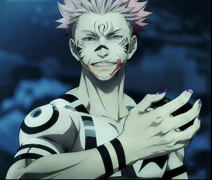 anime character with pink hair and blue eyes holding a cell phone, joker looks like naruto, portrait of hisoka hunter hunter, jujutsu kaisen, ryomen sukuna