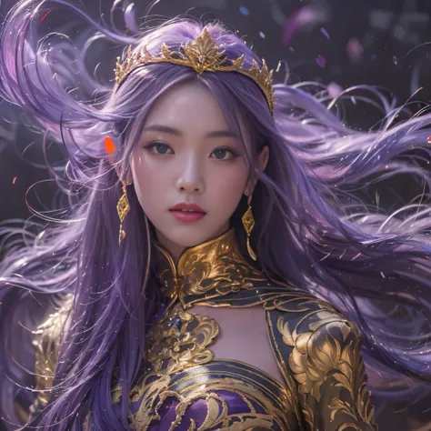 Genki Girl 32K（tmasterpiece，k hd，hyper HD，32K）Long flowing bright purple hair，Autumn Pond，zydink， a color， Asian people （Genki girl）， （Black and gold scarf）， Combat posture， looking at the ground， long whitr hair， Floating bright purple， Fire cloud pattern...