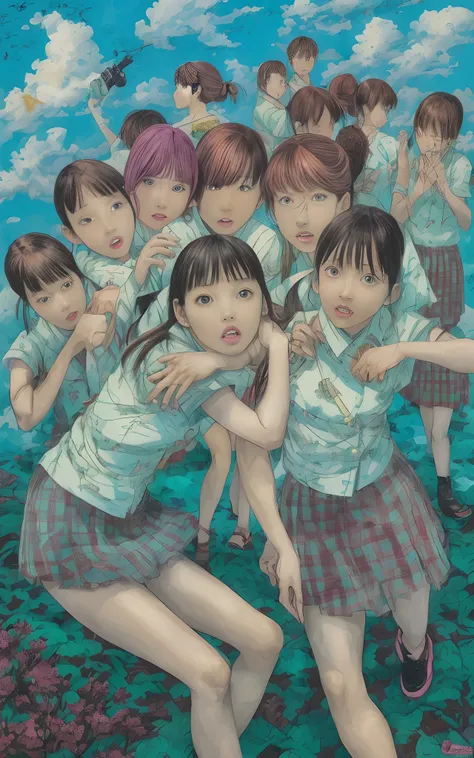 Drawing of a group of young girls in uniform, shintaro kago, by Yanagawa Nobusada, by Hirohiko Araki, by Kanō Naizen, by Yumihiko Amano, by Yukihiko Yasuda, by Takeshi Obata, By Yoshio Itagaki, by Naka Bokunen、A painting "free puberty". that mixed from:(((...