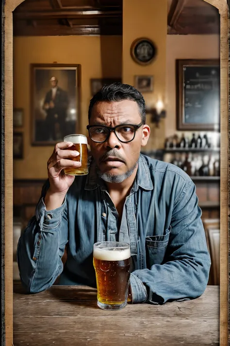 guttonerdvision10, Create an old-fashioned photograph-style image of a man wearing glasses, looking ((startled, astonished, and surprised)), with a shocked expression, sitting at an English pub counter, holding a beer. Achieve a vintage look with a ((worn ...