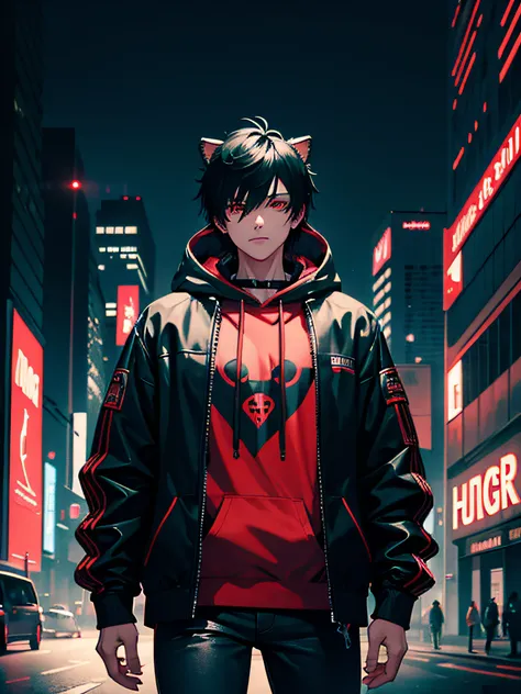 1guy, short black hair, red eyes, wearing hedgehog mask, hoodie, skinny jeans, cyberpunk night city background, absurdres, high res, ultrasharp, 8K, masterpiece, looking at viewer