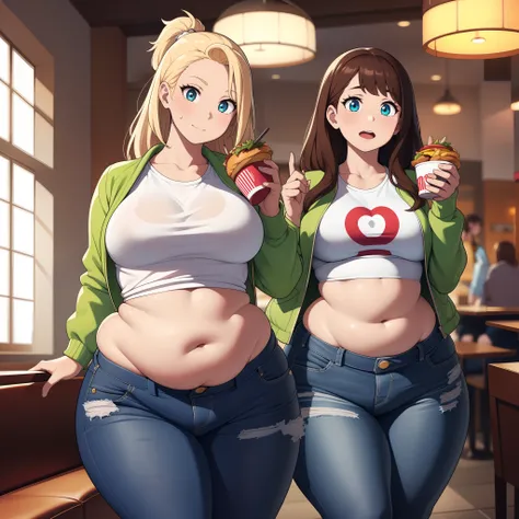 ((highres)), Masterpiece, high quality, best quality, beautiful, perfect lighting, detailed face, ultra cute face, ((2girls)), one girl has blonde hair, blue eyes, crop top and shorts skindentation, one girl has brown hair, green eyes, jeans, white shirt, ...