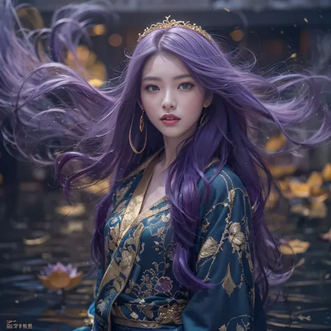 Genki Girl 32K（tmasterpiece，k hd，hyper HD，32K）Long flowing bright purple hair，Autumn Pond，zydink， a color， Asian people （Genki girl）， （Black and gold scarf）， Combat posture， looking at the ground， long whitr hair， Floating bright purple， Fire cloud pattern...