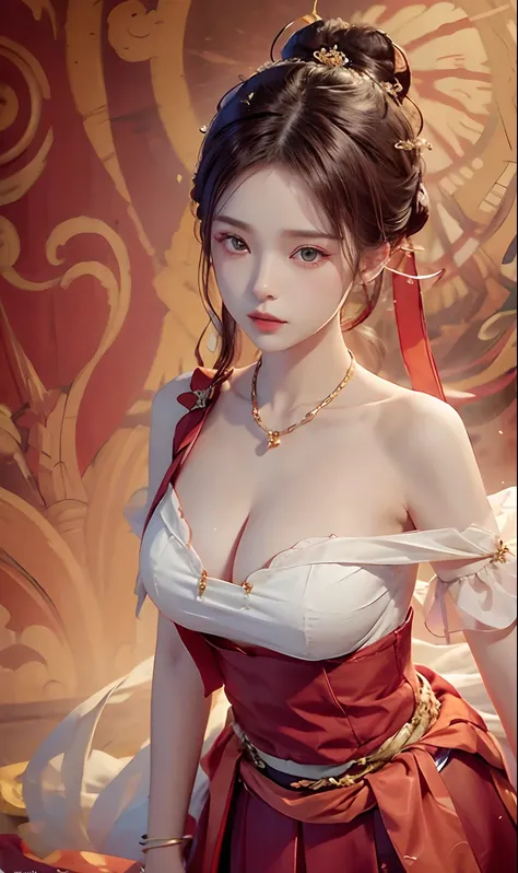 （RAW photogr，best qualtiy）， best qualtiy， The is very detailed， tmasterpiece， ultra - detailed， illustratio， one-girl， （huge boob，cleavage）， dynamic angle， best qualtiy， extremely detailed CG unity 8k wal，电影灯光，Dunhuang-style women wear waist skirts，Upper b...