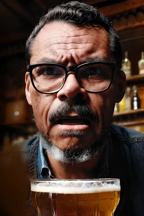 guttonerdvision10, Create an old-fashioned photograph-style image of a man wearing glasses, looking ((startled, astonished, with mouth wide open, hand over mouth in amazement)), sitting at an English pub counter, holding a beer. Achieve a vintage look with...