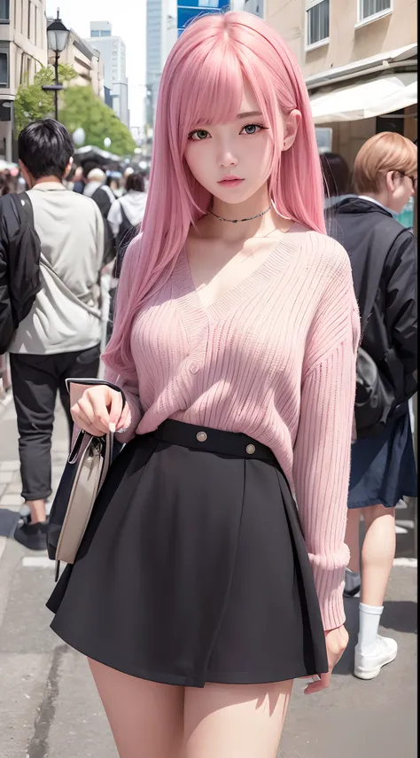 [best quality, highres, masterpiece:1.2], absurdres, 1girl, crowd, skirt, pink hair, gasai yuno, under the sunlight, street scene, looking at viewer, with a blush.

Be aware of：It needs to be based on the generation characteristics of Stable Diffusion，Guar...