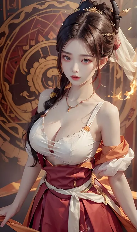 （RAW photogr，best qualtiy）， best qualtiy， The is very detailed， tmasterpiece， ultra - detailed， illustratio， one-girl， （huge boob，cleavage）， dynamic angle， best qualtiy， extremely detailed CG unity 8k wal，电影灯光，Dunhuang-style women wear waist skirts，Upper b...