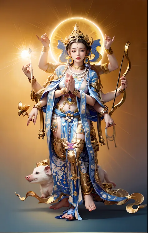 Beautiful woman sitting in a golden car, (((Golden lotus throne)))，The woman wears a light blue dress，Light blue pants，(((Head background with round light)))，(((Behind it is the sun)))，(((Women emit bright and dazzling blue light)))，Women have three heads，...