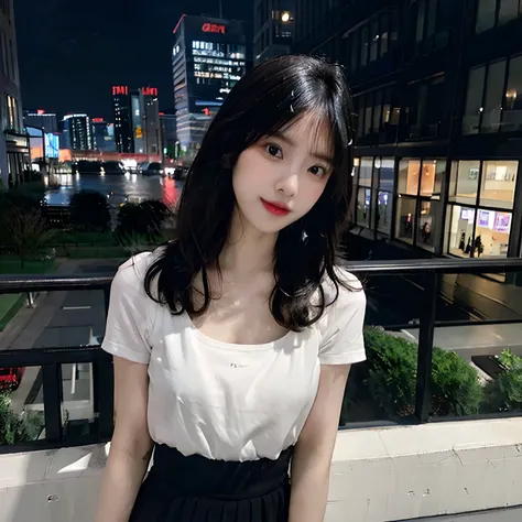 ((Best Quality, 8K, masutepiece :1.3)), Whole body, Sharp Focus :1.2, A pretty woman with perfect figure :1.4, Slender Abs :1.2, ((Black hair, Big breasts :1.2)), Body dress :1.1, (Night City View, Modern balcony :1.1), Highly detailed face and skin textur...