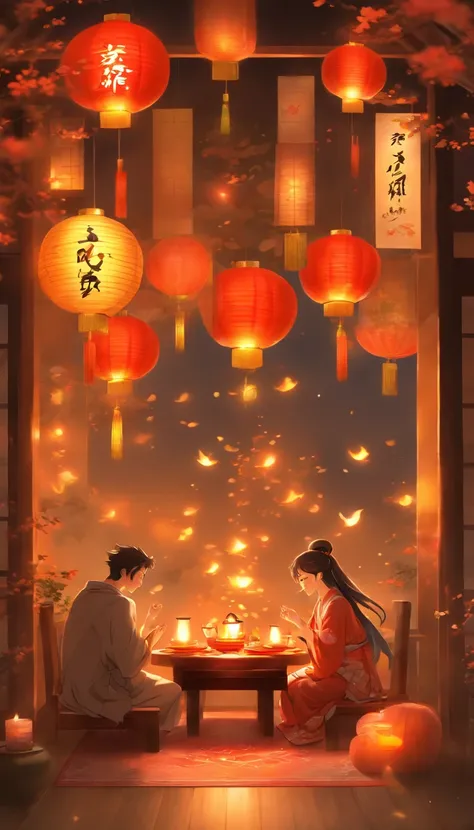 The family sits together, Enjoy a festive dinner, Surrounded by a warm and comfortable atmosphere. The room was beautifully decorated，Equipped with lanterns, Symbolizes the joy of the Mid-Autumn Festival. The table is filled with a variety of delicacies, I...