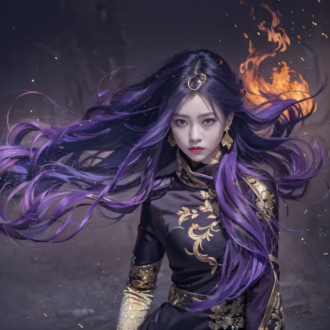 Genki Girl 32K（tmasterpiece，k hd，hyper HD，32K）Long flowing bright purple hair，Autumn Pond，zydink， a color， Asian people （Genki girl）， （Black and gold scarf）， Combat posture， looking at the ground， long whitr hair， Floating bright purple， Fire cloud pattern...