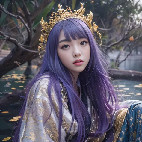 Genki Girl 32K（tmasterpiece，k hd，hyper HD，32K）Long flowing bright purple hair，Autumn Pond，zydink， a color， Asian people （Genki girl）， （Black and gold scarf）， Combat posture， looking at the ground， long whitr hair， Floating bright purple， Fire cloud pattern...