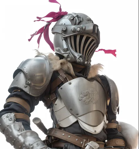 a close up of a person in armor with a sword, dirty plate iron armor, with scaly-looking armor, damaged plated armor, face of an armored helmet, with red cloth on top of helmet, with simple leather armor, with simple chain shirt, full plate armor, armor fo...