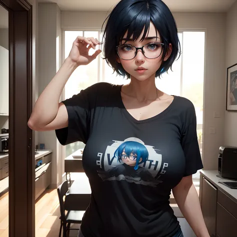 a one-character girl with short, neck-length blue hair, round glasses, and a black rock shirt. big breasts and big ass, it is covered by a black blanket. She wakes up and walks from the living room to the kitchen