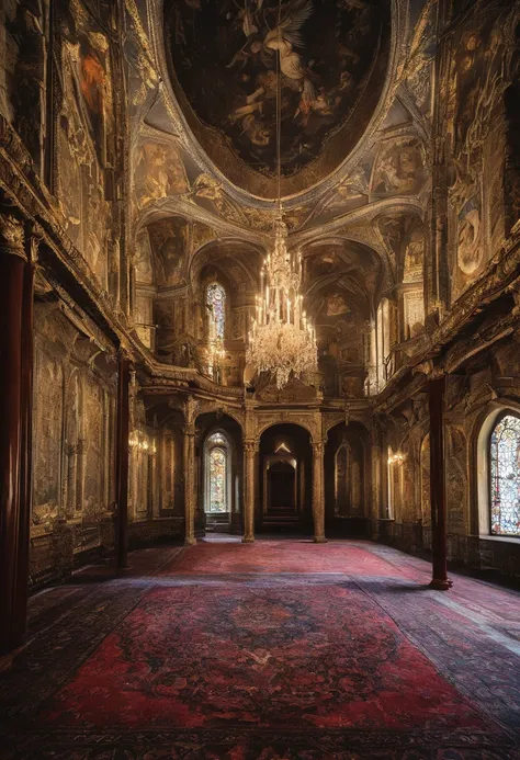 /imagine prompt: color photo of: "Draculas castle seen from the inside, com toda pompa e estilo sombrio"
,antique and ornate furniture, com detalhes em ouro e veludo negro,
,um grande candelabro pendendo do teto, iluminando o ambiente com suas velas tremel...