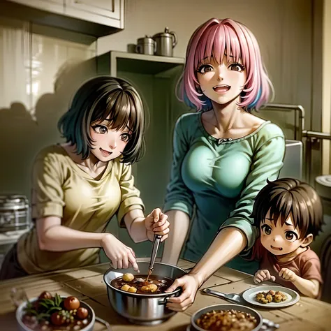 riamu yumemi,guts,couple,husband and wife,riamu motherly,house wife,cooking,mother and son,children,family,happy,(best quality,4k,8k,highres,masterpiece:1.2),ultra-detailed,(photo1.37),joyful,loving,embrace,adorable,cheerful,blissful,togetherness,warmth,sm...