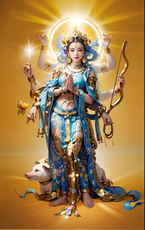 Beautiful woman sitting in a golden car, (((Golden lotus throne)))，The woman wears a light blue dress，Light blue pants，(((Head background with round light)))，(((Behind it is the sun)))，(((Women emit bright and dazzling blue light)))，Women have three heads，...