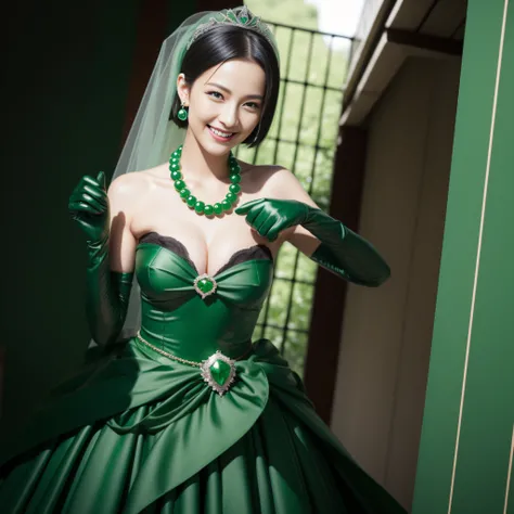 Boyish very short black hair, lipsticks, Japan woman smiling, Green Long Grove,　Emerald Tia boyish very short black hair, lipsticks, Japan woman smiling, Satin green long gloves, Green Pearl Necklace, verd s eyes, Green eyes, Long green gloves made of sati...