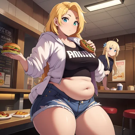 ((highres)), Masterpiece, high quality, best quality, beautiful, perfect lighting, detailed face, ultra cute face, ((2girls)), one girl has blonde hair, blue eyes, crop top and shorts skindentation, one girl has brown hair, green eyes, jeans, white shirt, ...