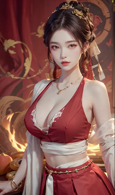 （RAW photogr，best qualtiy）， best qualtiy， The is very detailed， tmasterpiece， ultra - detailed， illustratio， one-girl， （huge boob，cleavage）， dynamic angle， best qualtiy， extremely detailed CG unity 8k wal，电影灯光，Dunhuang-style women wear waist skirts，Upper b...