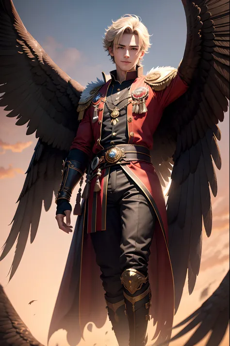 8K,Photorealsitic　Raw photography　top-quality;1.4) 　(1 Adult Eagle Boy)　Personification of a super handsome eagle　(Lifelike face)　Personification of the eagle(shoun)　Personification of the eagle　Black and red exterior　Black and red trousers　Golden decorati...