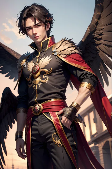 8K,Photorealsitic　Raw photography　top-quality;1.4) 　(1 Adult Eagle Boy)　Personification of a super handsome eagle　(Lifelike face)　Personification of the eagle(shoun)　Personification of the eagle　Black and red exterior　Black and red trousers　Golden decorati...